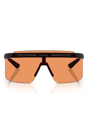 Prada 140mm Rectangular Shield Sunglasses in Matte Black /Orange at Nordstrom