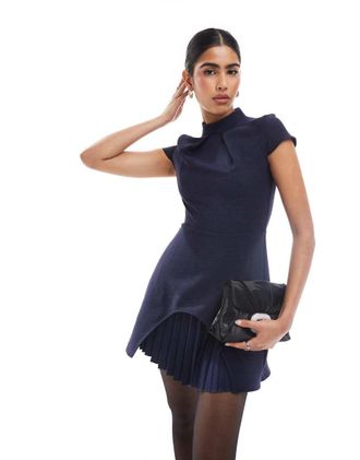 Closet pleated cap sleeve mini dress in navy