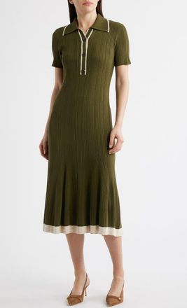 Julia Jordan Short Sleeve Rib Polo Sweater Dress in Light Olive/ivory at Nordstrom, Size X-Small