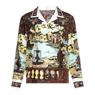 Versace Casual Shirts, male, Brown, Size: XL Printed Silk Twill Slim Shirt