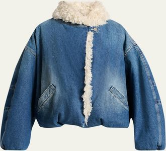 Isabel Marant Charone Short Denim Jacket with Faux Fur Trim