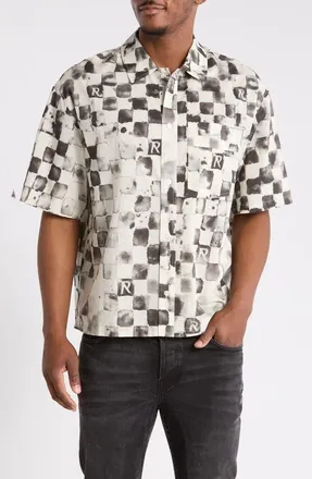 Represent Poolside Check Short Sleeve Cotton & Linen Button-Up Shirt in Flat White at Nordstrom, Size Xx-Large