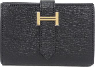 Herm&egrave;s Bearn Gold Black Chevre Leather Wallet (Bi-Fold) (Pre-Owned)