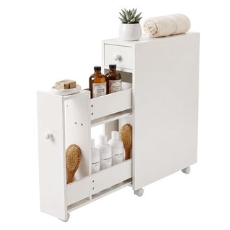 Relaxdays Armario De Nicho, 4 Compartimentos, Puerta Abatible Y Otras Correderas, 62 X 16 X 48 Cm, Ba&ntilde;o, Mdf, Con Ruedas, Blanco