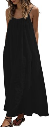 Generic Spaghetti Backless Dresses for Women Summer Solid Color Strap Maxi Dresses Casual Sleeveless Flowy Beach Dress Black