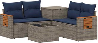 vidaXL Juego De Sof&aacute; 6 Uds. Gris Y Azul Marino Rat&aacute;n Sint&eacute;tico Y Acero Vidaxl