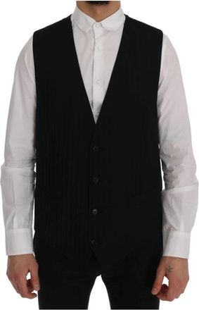 Dolce & Gabbana Elegante Gestreepte Wollen Vest - Heren - Gillet - Zwart - L - Wol - Kostuums