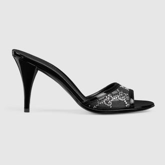 Gucci Womens Crystal Slide Sandal With Horsebit, Black, Fabric