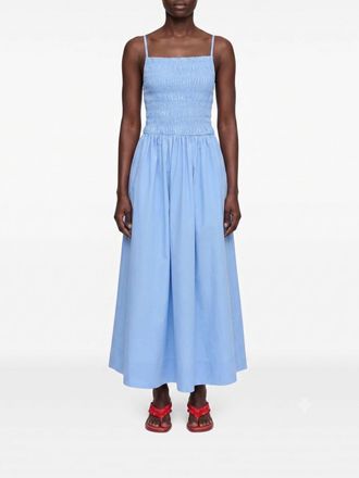 Ganni Abito midi A-line in cotone con scollo quadrato e spalline sottili
