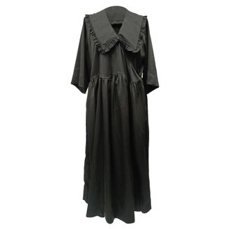 Ganni Ganni Smocked Ruffled Collar Maxi Dress in Black Polyester