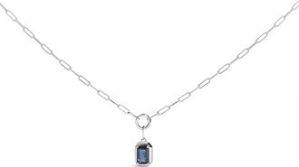 House of Brilliance 10K White Gold Emerald Cut 6x4 MM Blue Sapphire Solitaire Pendant Necklace