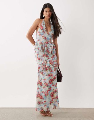 AFRM Athens - Vestito lungo a balze in rete blu a fiori allacciato al collo-Multi