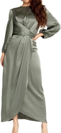 Generic Womens Satin Long Sleeve Dress Front Wrap Self-Tie Party Dress Prom Evening Gown-Green-S