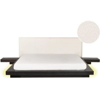 Beliani Cama Moderna 180 X 200 Cm Con Plataforma Con Led Mesitas De Noche Cabecero De Boucl&eacute; Madera De Fresno Oscuro Zen