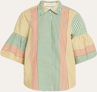 Silvia Tcherassi Helina Multi-Striped Puff-Sleeve Button-Down Top