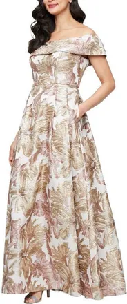 Alex Evenings Metallic Floral Jacquard Off the Shoulder Gown in Taupe Multi at Nordstrom, Size 12