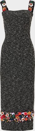 Carolina Herrera Embroidered Tweed Sleeveless Sheath Midi Dress