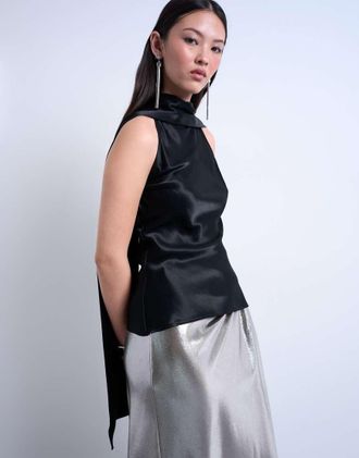 Topshop Top in raso nero con dettaglio foulard