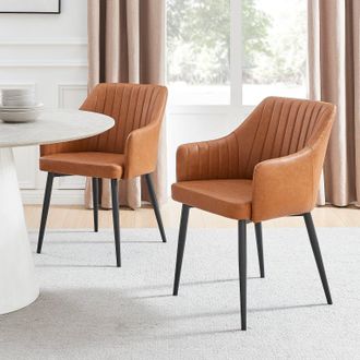 Furniturebox Set of 2 Calla Tan Faux Leather Dining Chairs With Black Metal Blacks