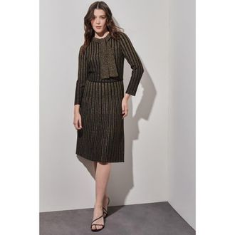 Ming Wang Knee Length A-Line Ribbed Knit Dress in Black/gold at Nordstrom, Size 2X