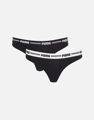 Puma Womens 2-Pack Striped Logo Mid-Rise Strings, Black - Size: 14