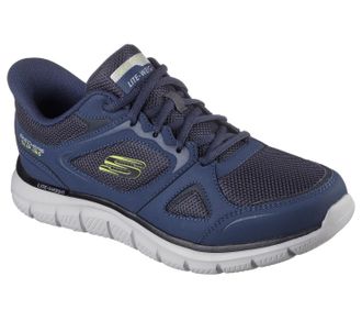 Skechers Mens Track Ezral Slip-On Sneakers, Navy Leather/Lime Mesh/Pu, 12 UK Wide