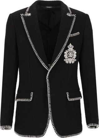 Dolce & Gabbana Tweed single-breasted jas met borduursel - Heren - Business blazers - Zwart - XL - Tweed - Kostuums