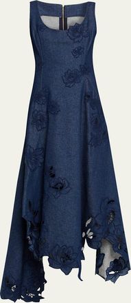 Oscar De La Renta Flower Embroidered Denim Sleeveless Maxi Dress