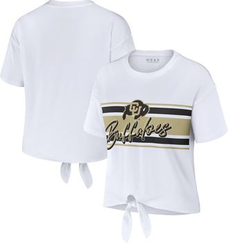 WEAR by Erin Andrews Womens WEAR by Erin Andrews White Colorado Buffaloes Striped Front Knot Cropped T-Shirt at Nordstrom, Size Xx-Large