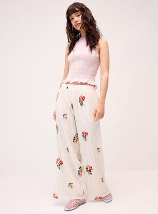 Twik Womens Embroidered flowers wrinkled pant