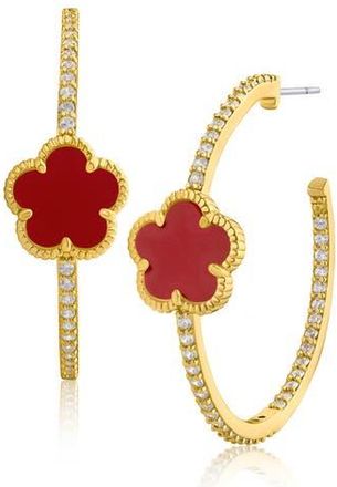 Kenneth Jay Lane Faux Coral Clover Cubic Zirconia Pavé Hoop Earrings in Red/Gold at Nordstrom Rack