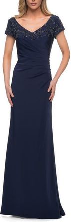 La Femme Short Sleeve Evening Dress with Beaded Neckline in Navy at Nordstrom, Size 14