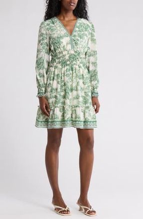 Max Studio Long Sleeve Smocked Georgette Minidress in Cream/Mdw Sml Bnch Toile at Nordstrom Rack, Size X-Small