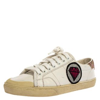 Saint Laurent White Leather And Glitter Trim Court Classic SL/37 Diamond Patch Low Top Sneakers Size 35