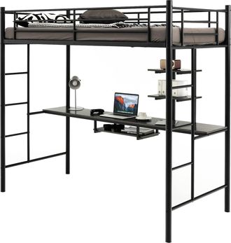 Costway Cama Alta Con Escritorio 95x200cm, Cama Alta Individual, Estructura De Hierro, 2 Escaleras Bilaterales Y 2 Estantes De Almacenamiento, Literas Juvenil