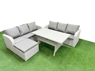Fimous Outdoor Garden Furniture Sets 7 Seater Wicker Rattan Furniture Sofa Sets w/ Rectangular Dining Table high Back Lounge Sofa Big Footstool Light