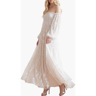Needle & Thread Confetti Gloss Off-shoulder Gown in Cream/white at Nordstrom, Size 2