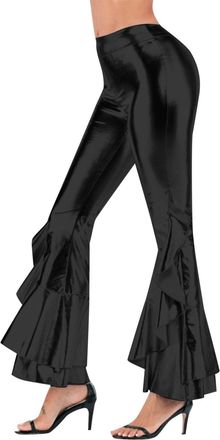 Generic Womens Shiny Flare Pants, 80s High Waist Metallic Wide Leg Trousers for Disco, Wide Length Loose Sparkly Leggings for Dancewear Nightclub, Full Length