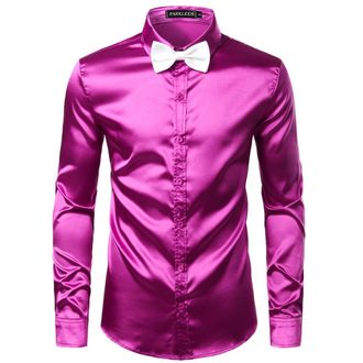 PARKLEES Mens Luxury Shiny Silk Like Satin Long Sleeve Dress Shirts for Party Disco Prom PZLCL14 Purple XXL