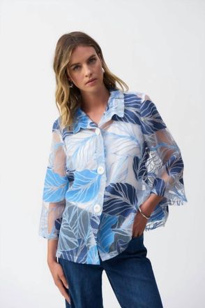 Joseph Ribkoff Womens Novelty Leaf-Print Trapeze Jacket In Blue/multi