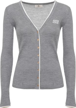 Elisabetta Franchi Ribbed Wool Sweater with Gold Button Accents and Embroidered Logo