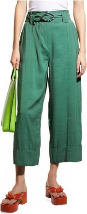 Ganni Cropped High Waist Pants In Myrtle Green