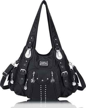 Angel Kiss Shoulder Bag, Womens Shopping Shoulder Bag, Rivet Design Womens Shopping Bag with Detachable Shoulder Strap, black, M