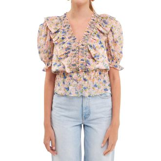 endless rose Smocked Ruffle Floral Blouse in Pink Multi at Nordstrom, Size Small