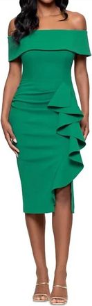 Betsy & Adam Off-The-Shoulder Ruffle Sheath Dress - Petite In Green