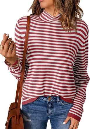 Dokotoo Womens Jumpers Striped Pullover Sweater Long Sleeve Half Turtleneck Color Block Ladies Lightweight Loose Casual Knit Sweater Tops Red 2XL 24 26