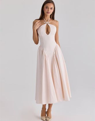 House of CB Lilli - Vestito midi in cotone color cipria con apertura a goccia-Rosa