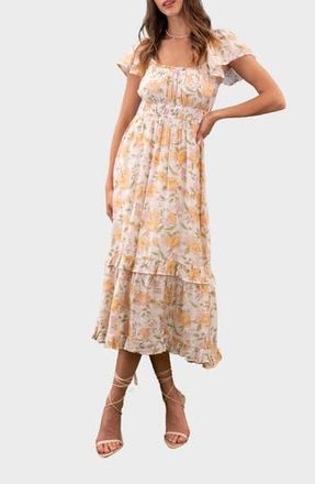 August Sky Flutter Sleeve Midi Dress in Yellow Multi at Nordstrom Rack, Size Large