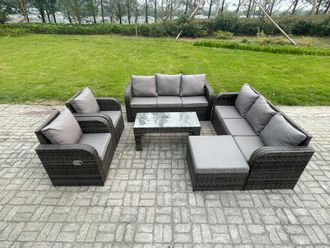 Fimous 9 Seater High Back Rattan Garden Furniture Set with Reclining Chair Rectangular Coffee Table Big Footstool Indoor Outdoor Patio Lounge Sofa Set