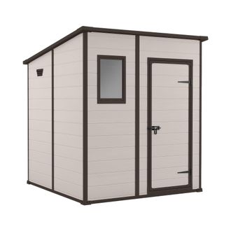 Keter Manor Pent 6x6 - Caseta De Jard&iacute;n 183,50x200x185 Cm 1 Puerta Para Almacenamiento De Herramientas Acabado Efecto Madera Rayada En Resina Beige